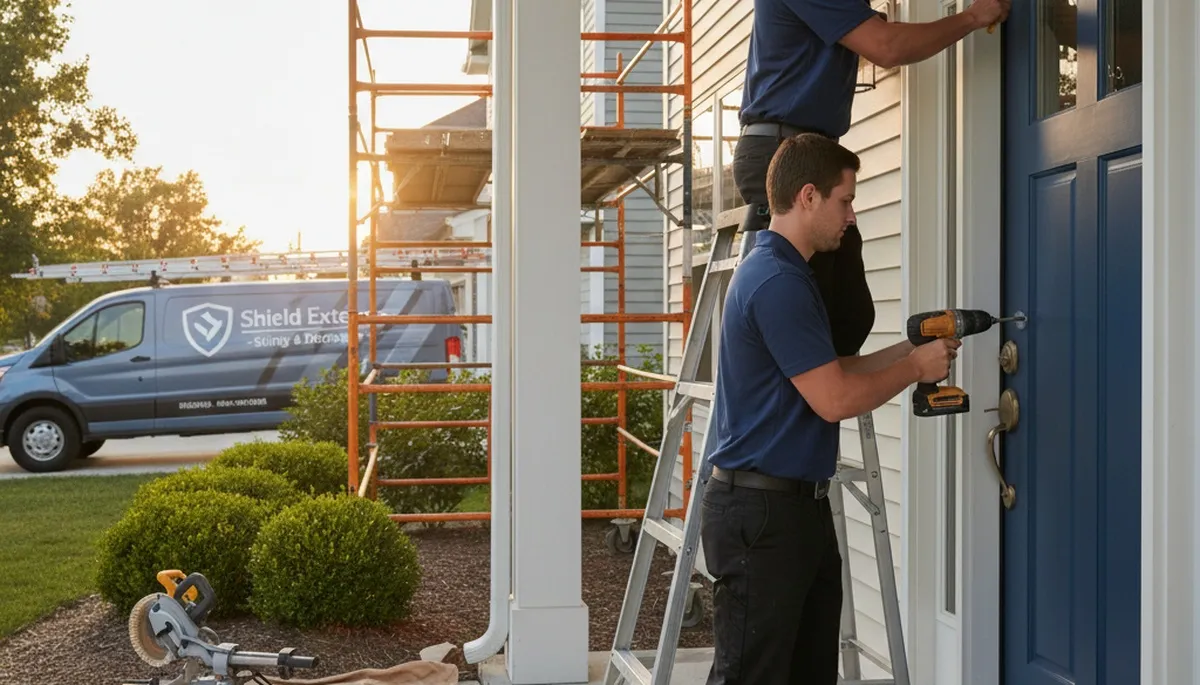 Technician repairing vinyl door siding in Las Vegas NV home exterior by Next Level Exteriors