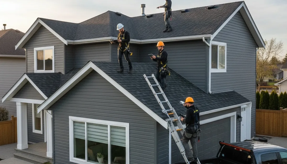 Technician performing roof inspection on vinyl siding home in Las Vegas, NV